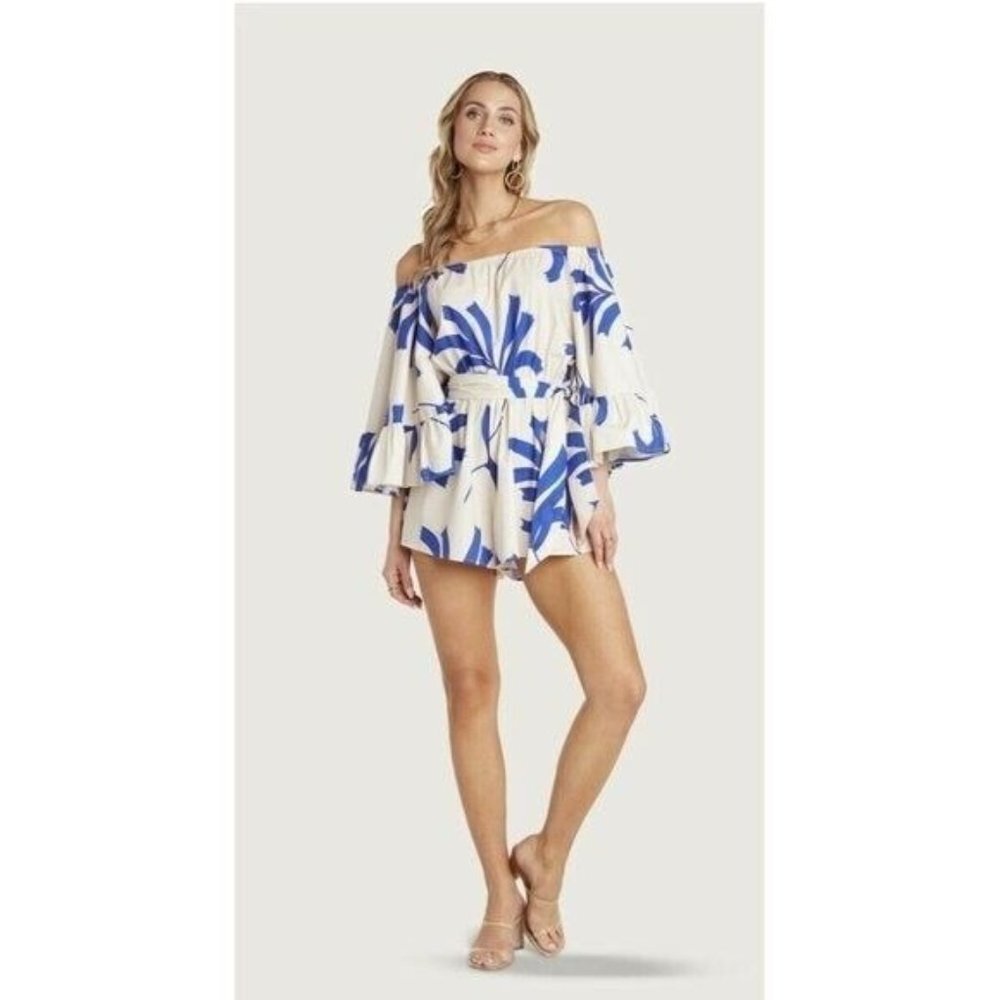 Willow Woman’s Blue And Cream Abstract Sam Puff Sleeves Short Romper SZ‎ S